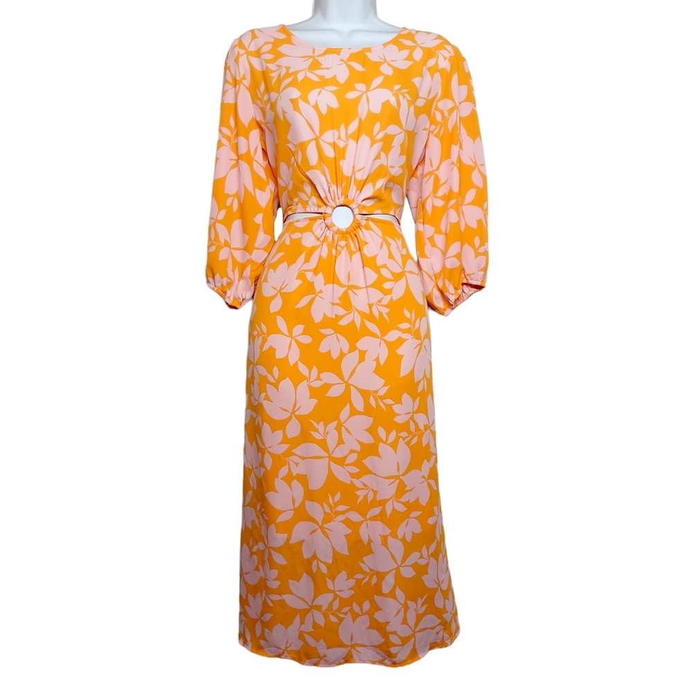 ECLAIR Pink Tropical Floral Print Long Sleeve Cut Out Midi Orange Dress L NWT